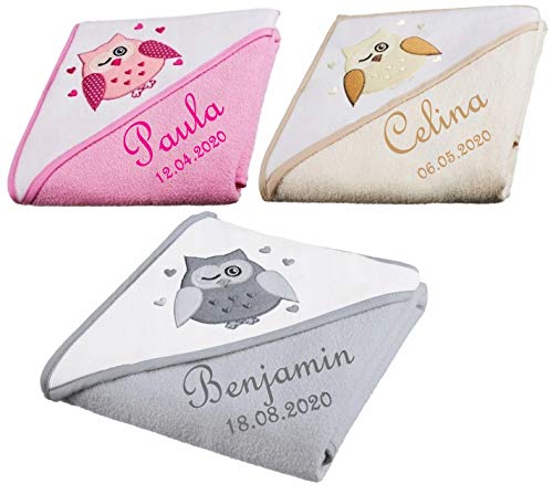 Maxi Baby Kapuzentuch mit Namen bestickt Eule grau rosa beige Kapuzenhandtuch Handtuch Kinder (beige) Cover