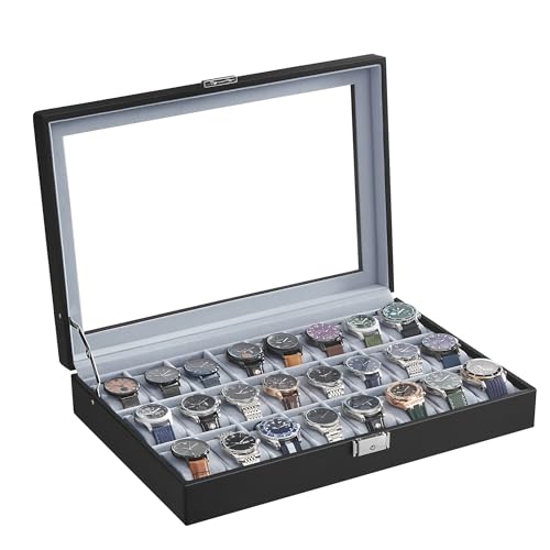 SONGMICS Uhrenbox, abschließbare Uhrenschatulle, Aufbewahrung, Organizer für Uhren, mit 24 Fächern, Glasdeckel, Geschenk für die Liebsten, schwarz...