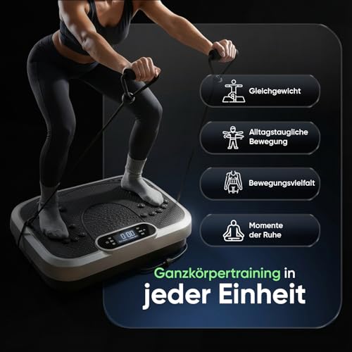 Vibrationsplatte - Fitnessgeräte für Zuhause - 99 Intensitätsstufen - 5 Trainingsprogramme - Massagegerät & Sportgerät mit Bluetooth für Home Workout - Mit Widerstandsbändern - WeightWorld