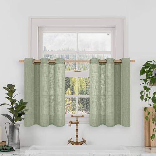 Image of LAMIT Short Linen Window Curtains 30 inches Long 2 Panels, Sage Green Semi Sheer Light Filtering Panels Bronze Grommet Linen Textured Neutral Boho Christmas Drapes for Kitchen /Cafe, 34 x 30 Inch