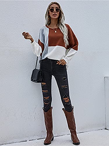 Image of ECOWISH Women Sweater Long Sleeve Color Block Knit Pullover Sweaters Crew Neck Patchwork Casual Loose Jumper Tops