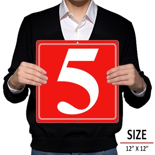 Image of Premium Aluminum Number Signs 5, Metal 12 inch X 12 inch Red Numbered Signs Outdoor for Parking Lots, Floor, Dock, Court, Aisle, Field, High Visibility, No Fade, Weather-resistant