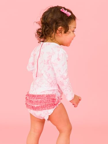 Image of RuffleButts Baby Girls UPF 50+ Sun Protection Floral Printed Long Sleeve One Piece Rash Guard Swimsuit with Zipper
