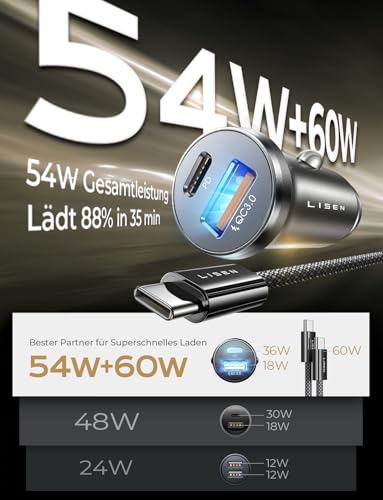 LISEN 54W Zigarettenanzünder USB C PD&QC3.0 12V USB Adapter Auto Ladegerät mit 60W Kabel Metall USB Zigarettenanzünder Adapter KFZ Ladegerät USB C für iPhone 17 Pro Max Air 16 Samsung S25 Ultra IPad – Bild 3