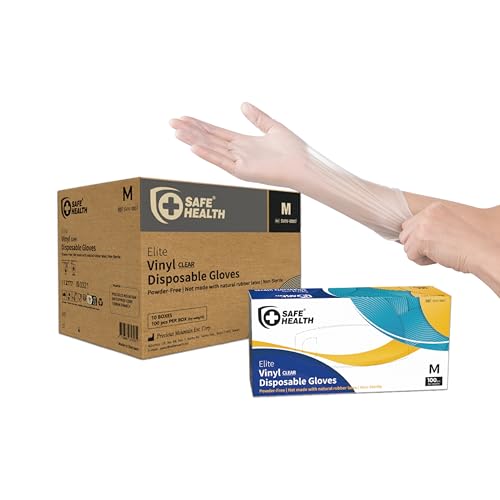 Safe Health Guantes desechables de vinilo multiusos de plástico, seguros para alimentos, sin látex, sin polvo, no estériles, 3 mil para limpieza, lavado, salón, servicio, hogar, diario, mediano (caja