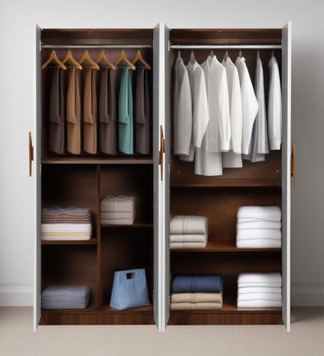 Image of Mintwud Pepperfry Engineered Wood Wardrobe with 4 Doors Storage and 2 Hanging Rod | Wooden Almirah Cupboard for Clothes Storage Organizer for Living Room Home Furniture (White Teak Finish)