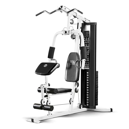 Marcy Dual Functioning Body Fitness Workout 150 Pound Stack Home Gym System with Adjustable Preacher Curler Pad and Overhead Lat Station, White/Black