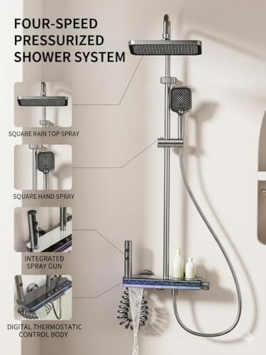 Image of X-XONIER Luxury thermostate Shower System, 4-in-1shower set with Large Overhead+3 Ways Hand Shower, 2 waybiget gun and tub spout, Temperature Dispaly, Star Galaxy LED lights shower panel (grey)