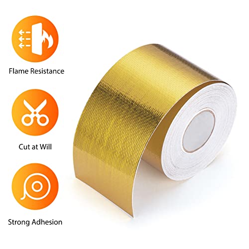 Image of Xinhan (Gold,Silver,Black) Aluminum Foil Heat Shielding Tape High Temperature Heat Reflective Adhesive Backed Tape Compatible With Car Intake Pipe Engine Bay Hoses Wires Etc (Gold, 2in x 50ft)