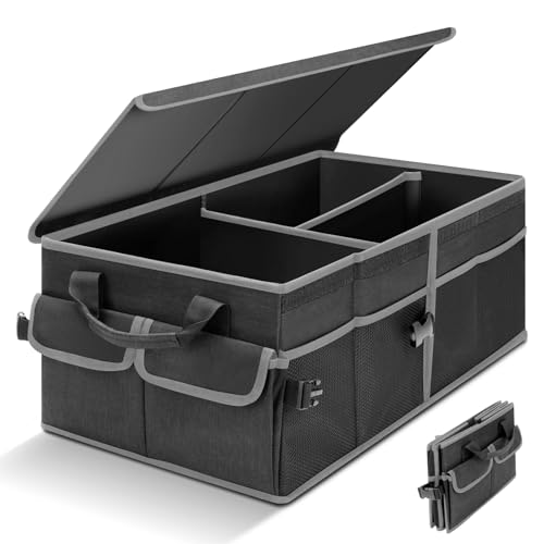 Cozary Rangement Coffre de Voiture avec Couvercle, 46 L Organisateur Voiture Pliable, Tissu Oxford Imperméable, Base Antidérapante pour Famille et Voyages