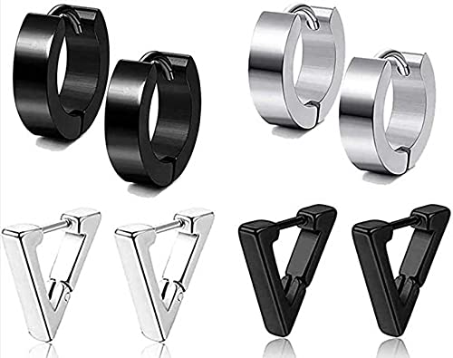 MEENAZ Stainless Steel Black Silver Triangle Magnetic Clip on Non Piercing pressing Hoop Bali Stud Earrings Combo pack set Earing non Pierced Ear rings men boys girls Women MENS EARRINGS COMBO M71