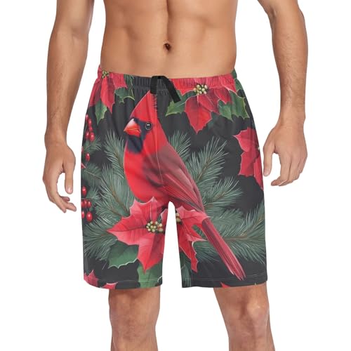 Cardinal Bird Christmas Tree Pajama Bottom Shorts for Men Soft Casual Sleep Lounge Shorts with Pockets S-XXL