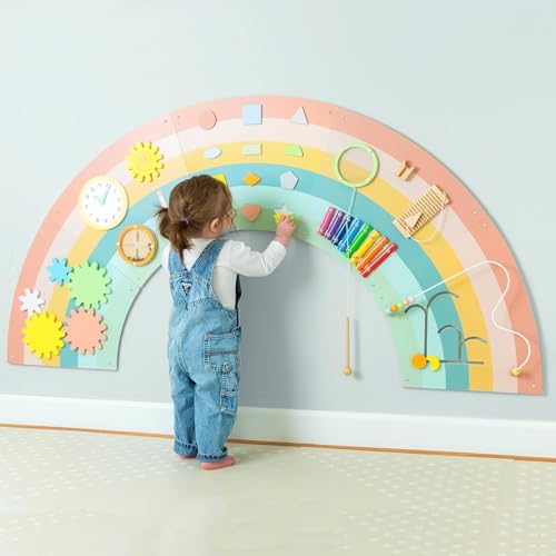 Image of Play Platoon Kids Sensory Wall Panel, Activity Wall Busy Board Toys for Toddlers 1-3, Sensory Board - 64x32 inch Neutral Wooden Rainbow with 11 Activities for Montessori Playroom