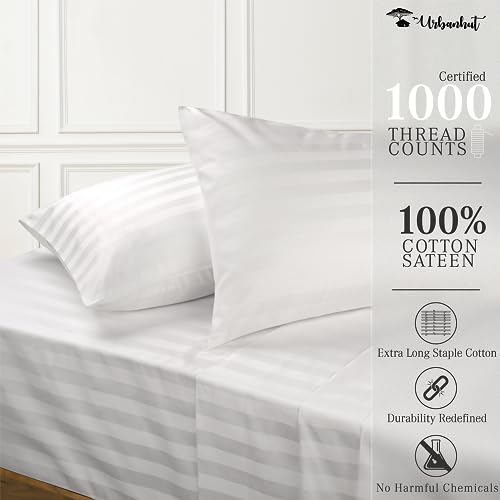 URBANHUT 1000 Thread Count Egyptian Cotton Sheets Damask Striped Queen Size, Long Staple Soft & Breathable, 4 Pc Bed Sheet Sets, Luxury Hotel Sateen Sheets Fits 16" Deep Pocket - White - Image 3
