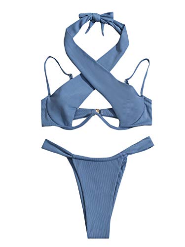 SOLY HUX Women s Sexy Criss Cross Halter Cut Out Bikini Bathing Suit 2 Piece Swimsuits Navy Blue M