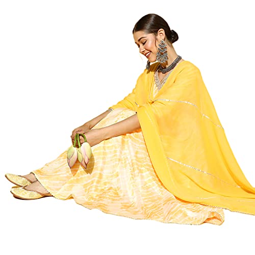 Image of ishin Women's Silk Tie & Dye Zari Embroidered Anarkali Kurta Trouser Dupatta Set