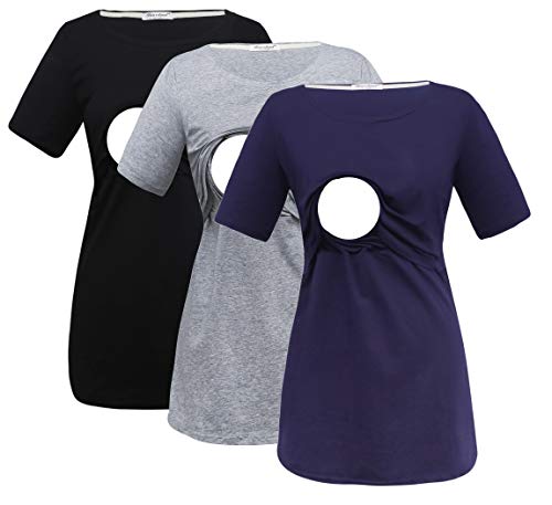 Image of Bearsland Women's 3 Packs Cotton Maternity Nursing Tops Short Sleeve Breastfeeding Clothes