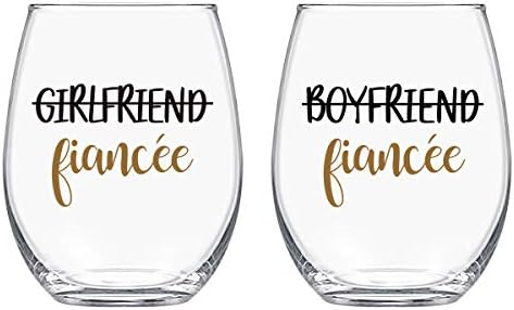Engagement Stemless Wine Glass, Valentine’s Day Christmas Wedding Birthday Anniversary Present for Her Spouse Girlfriend Wife Lesbian Couple Lover, 15Oz Fiancee Wine Glass Set of 2