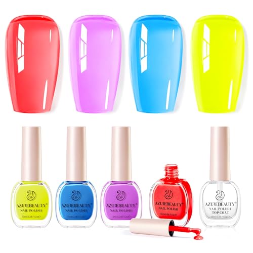 AZUREBEAUTY Neon Nail Polish Set 4 Bright Summer Shades Jelly Pink Purple Blue Yellow Nail Color Kit for Natural Nails DIY Manicure Gift for Women