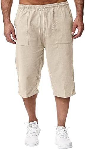 Mens 3/4 Linen Capri Pants Elastic Waist Casual Loose Baggy Harem Pants Summer Beach Yoga Shorts Cropped Pants Trousers(Khaki,Large)