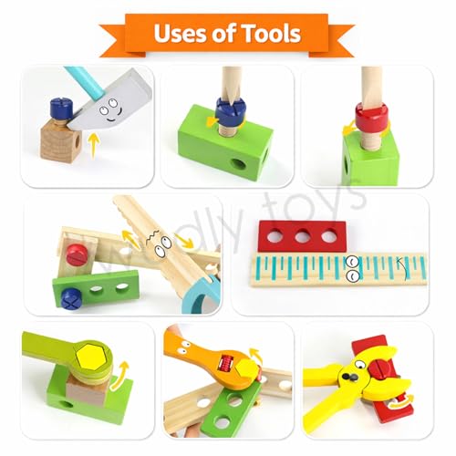 Image of WUDLY Wooden Tool Box Set for Kids | Montessori Construction & Building Toy with Tools, Nuts & Bolts | Pretend Play DIY Kit | Educational Gift for Boys & Girls (3+ Years)