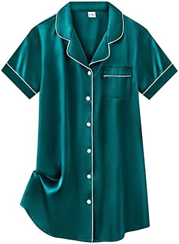 SWOMOG Girls Satin Sleep Shirt Silk Short Sleeve Nightdress Button-Down Notch Collar Nighty Pajama Top for Childrens Green