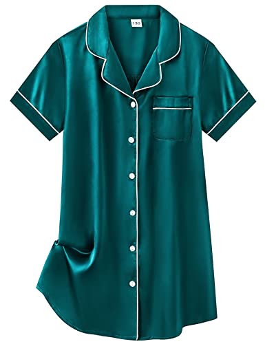 Swomog Girls Satin Sleep Shirt Silk Short Sleeve Nightdress Button-Down Notch Collar Nighty Pajama Top For Childrens Green #TOP1