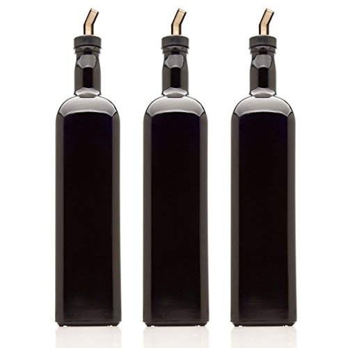 Infinity Jars 1 Liter (34 Fl Oz) Square Ultraviolet Glass Refillable Oil Bottle With Plastic Pour Spout (3-Pack) #TOP13
