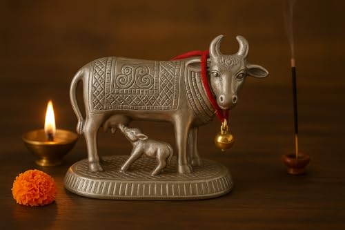 Image of Kamdhenu Cow and Calf Statue | Silver Matte Finish Decorative Murti Decorative | Handcrafted Holy Idol | Vastu Spiritual Showpiece | Home Office Decor | Housewarming Diwali Gift