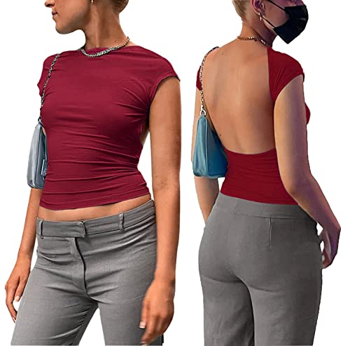 Haut Dos Nu Femme Manche Courte T-Shirt d'été Tops Dos Nu Y2k Crop Top Sexy Backless T-Shirt Ajusté Slim Fit Haut Chic Décontractée Col Rond Couleur Unie Portable Devant et Derrière