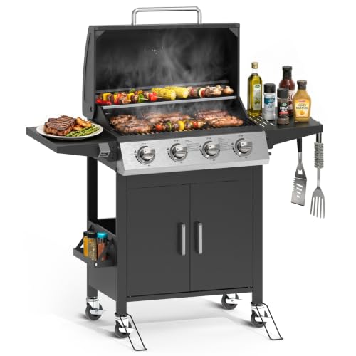 HUGROVE 4 Burner Propane Gas BBQ Grill with Wheels, 40,000 BTU Output Stainless Steel Barbecue Grill for Backyard & Outdoor Cooking Easy to Assemble, Foldable Side Tables & Spice Rack (Black)