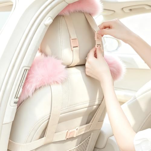 Image of Pink Fluffy Sheepskin Car Seat Cover for Soft Natural Wool Cushion Pad