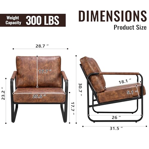 PrimeZone Mid-Century Modern Accent Chair Set of 2 - Comfy Faux Leather Living Room Chair, Lounge Armchair with Extra Soft Padded & Cushion, Ergonomic Accent Chair for Bedroom, Office, Brown - Thumbnail 2