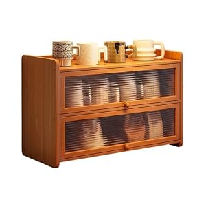 Hrzisda カップ収納ボックス マグカップ コーヒーカップ ガラス ウォーターカップ 収納ラック 竹製 組み立て式 キッチン収納 スパイスラック アクリル扉 収納便利 防塵 一人暮らしに最適 食器棚 (2段-幅35cm)