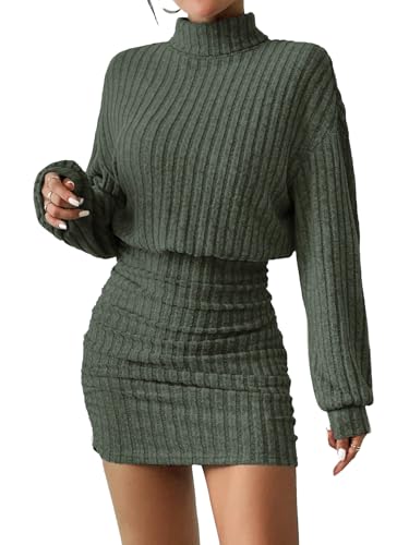 Women's Pullover Sweater Dress Long Lantern Sleeve Turtle Neck Cute