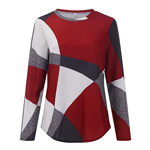 Womens 2022 Fall Fashion Shirts Dressy Casual Long Sleeve Trendy Geometric Tunic Tops Plus Size Crewneck Sweatshirts(E#Red,3X-Large) #TOP2