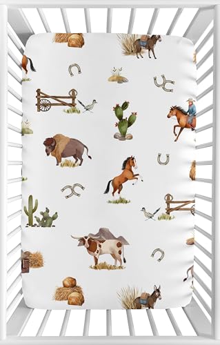 Image of Sweet Jojo Designs Baby Fitted Mini Crib Sheet (Western Cowboy) for Boys, Newborn /Infant Nursery, Play Yards, Portable Cribs (Country, Wild West, Southern Charm, South, Horse, Steer, Cow, Farm Animal)