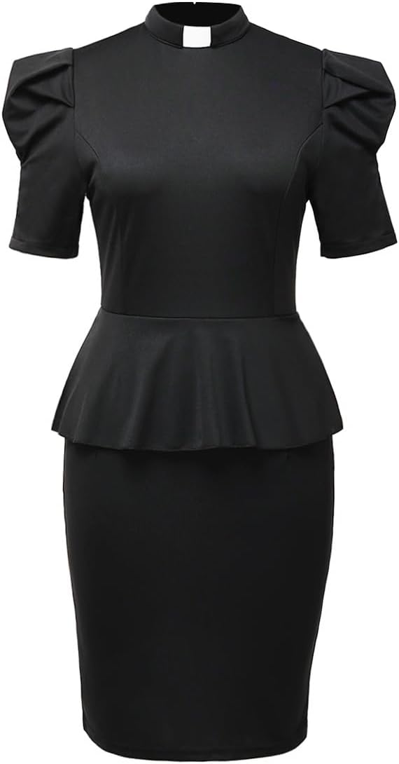FAD-4U Church Clergy Dresses for Women Minister Short Sleeve Ruffle Slim Pencil Dress with Tab Collar