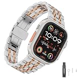 HUANLONG Compatible with Apple Watch Band, Latest Solid Stainless Steel Metal Replacement 7 Pointers Watchband Bracelet with Double Button Folding Clasp for Apple Watch Iwatch (LS 42mm silver/rosegold)