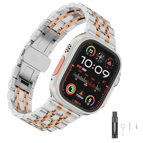 HUANLONG Solid Stainless Steel Band Compatible with Apple Watch 49mm 46mm 45mm 44mm 42mm 41mm 40mm 38mm, Metal Strap for iWatch Series Ultra/Ultra2/10/9/8/7/6/5/4/3/2/1 SE Women and Men(LS 38mm/40mm/41mm Silver/Rosegold)