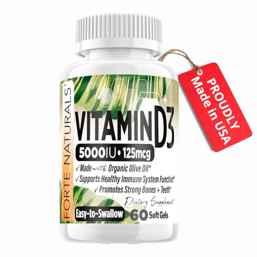 FORTE NATURALS Vitamin D3 5000 IU Supplement 125 mcg Soft Gels Specially for Sensitive Stomachs Supplements with Organic Olive Oil Best Vitamin D3 Supplement for Women & Men Made in USA