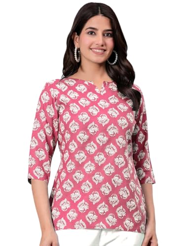 Image of Pinkmint Women's Printed Cotton Blend Short Kurti l All Over Printed V-Cut Neckline Casual Wear Tunic Top's l Ethnic Top's for Girls