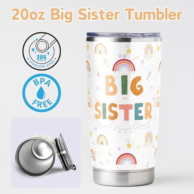 20oz Big Sister Tumbler, Birthday Gift for Sister Stainless Steel Insulated Tumbler, Cute Sun Rainbow Clouds Insulated Bottles Double Wall Vacuum Travel Coffee Mug with Lid for Women Girls