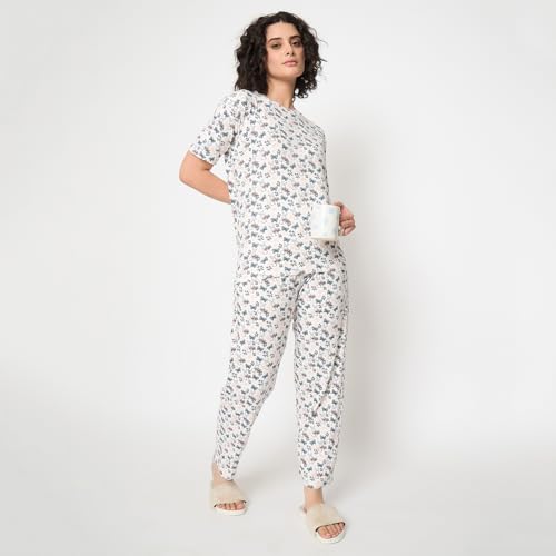 Image of CAMEY Women's Printed Pyjama Set, Short Sleeve T-Shirt and Trousers, Women Nightsuit, Loungewear Sets