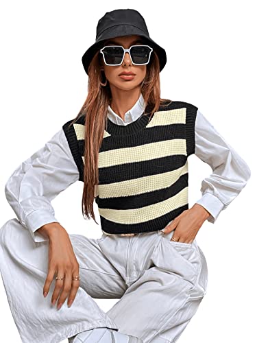 Romwe Women's Cable Knit Crop Sweater Vest Preppy Style Sleeveless V Neck Knitwear Tank Tops Black White Striped S #TOP4
