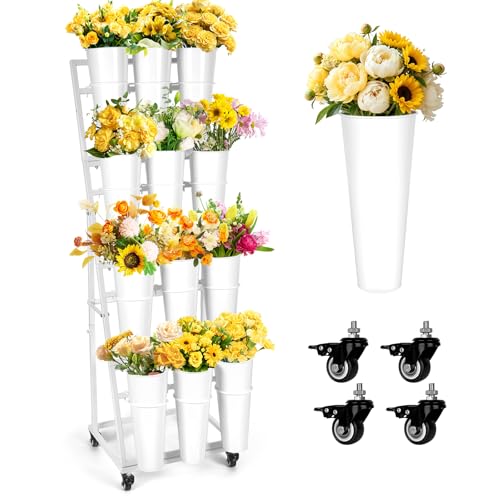 LEALIBAUSS Flower Bar Stand with 12 Buckets,Metal Flower Display Stand with Wheels,4 Layers Moving Florist Bouquet Shelf for Indoor Outdoor Garden,Flower Shop,Wedding,Party Decor (WHITE) by LEALIBAUSS - Used condition - US$69.88