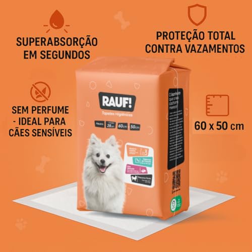 RAUF Tapete Higiênico para Cães, 60x50cm, 28 Unidades, Branco, Neutro, Ideal para Cães até 9kg