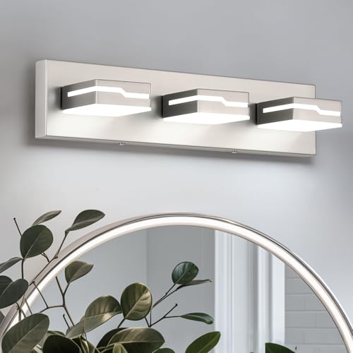 Image of LED Modern Bathroom Vanity Light Fixtures 3-Light, 19 inch Dimmable Nickel Vanity Lights for Bathroom Lighting Fixtures Over Mirror, with 350Rotatable Acrylic Heads(White Light 5500K)