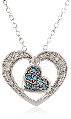 Amazon Collection Sterling Silver Blue and White Diamond Double Heart Pendant Necklace (0.07Cttw, G-H Color, I2-I3 Clarity), 18