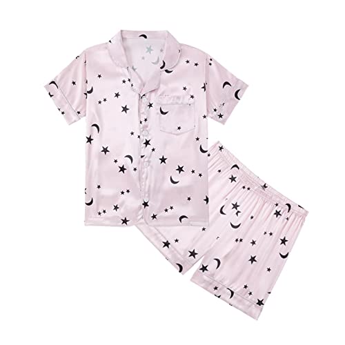 Girls' Satin 𝐏a𝐣ama Set Short Sleeve 𝐒ilk 𝐏ajamas Button Down Shirts Matching Shorts Loung𝐞 Set Cute Summer Outfits